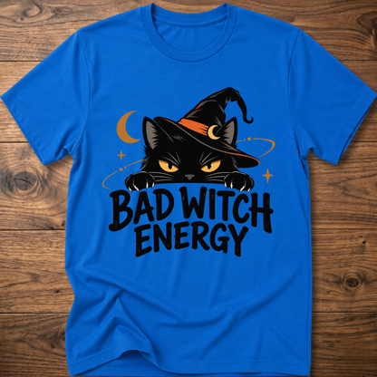 Royal blue crewneck t-shirt with cat witch graphic and "Bad Witch Energy" text