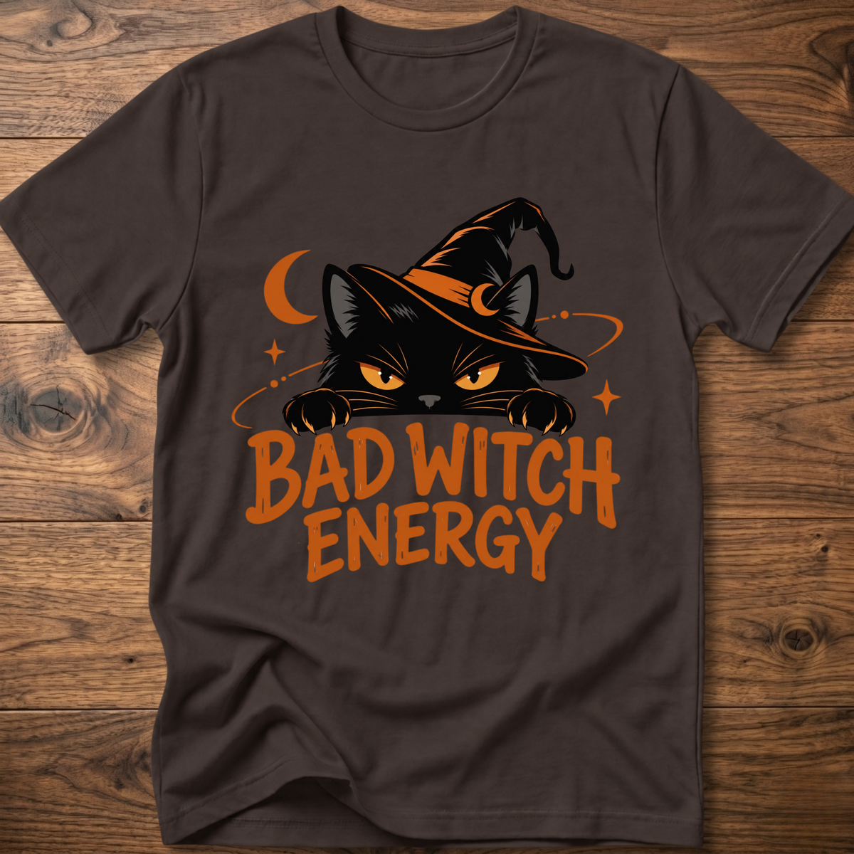 Dark chocolate crewneck t-shirt with cat witch graphic and "Bad Witch Energy" text