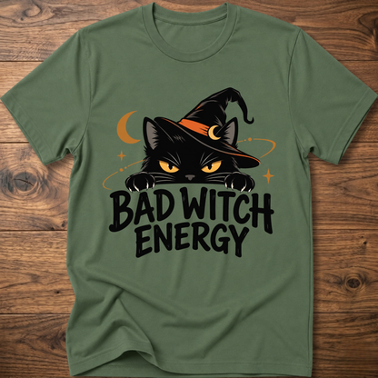 Military green crewneck t-shirt with cat witch graphic and "Bad Witch Energy" text