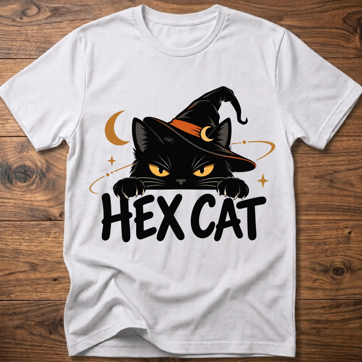 White Hex Cat graphic T-shirt with cat face, crescent, and black “HEX CAT” lettering