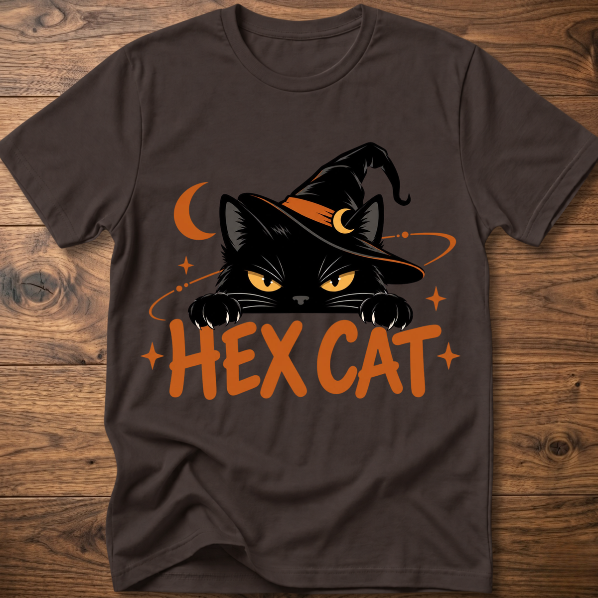 Dark brown Hex Cat graphic T-shirt with cat face, crescent, and orange “HEX CAT” print