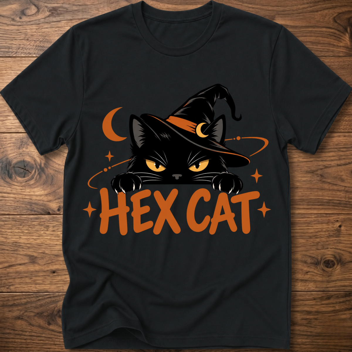 Black Hex Cat graphic T-shirt with cat face, crescent, and orange “HEX CAT” text