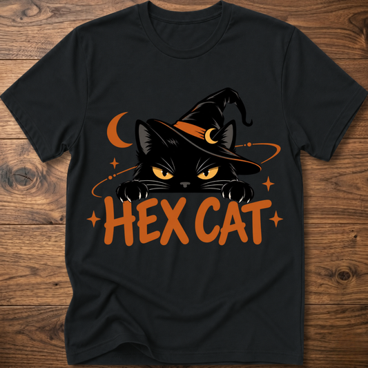 Black Hex Cat graphic T-shirt with cat face, crescent, and orange “HEX CAT” text
