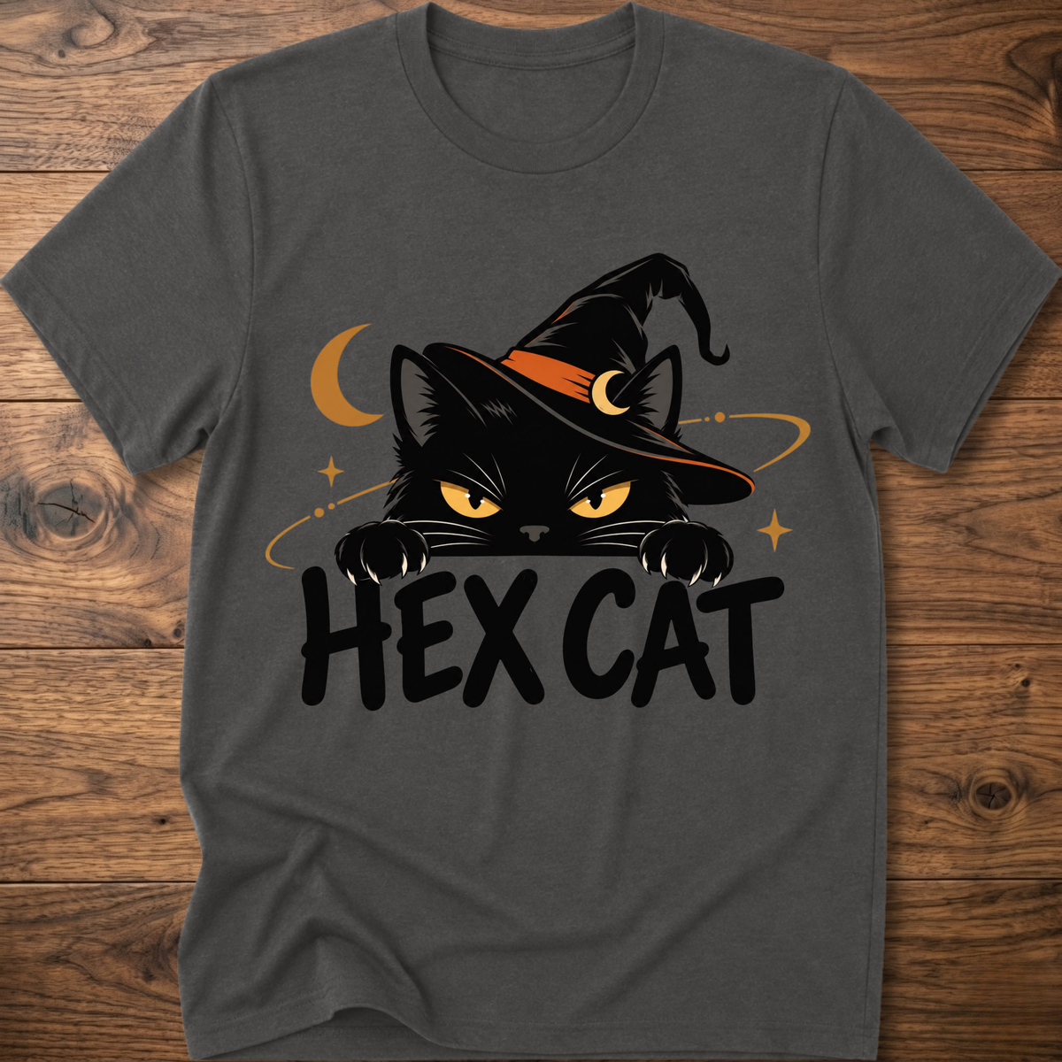 Charcoal Hex Cat graphic T-shirt with cat face, crescent, and bold “HEX CAT” print