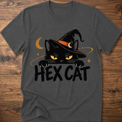 Charcoal Hex Cat graphic T-shirt with cat face, crescent, and bold “HEX CAT” print
