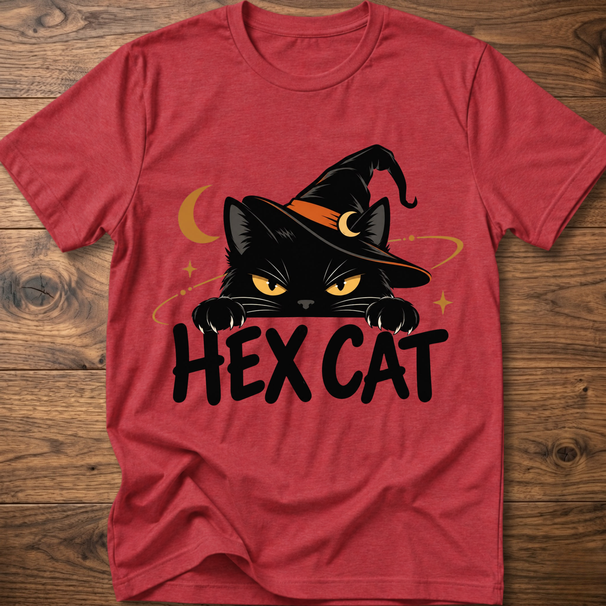 Red Hex Cat graphic T-shirt with cat face, crescent, and black “HEX CAT” lettering