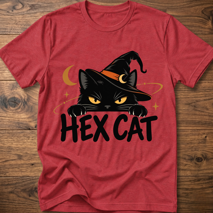 Red Hex Cat graphic T-shirt with cat face, crescent, and black “HEX CAT” lettering