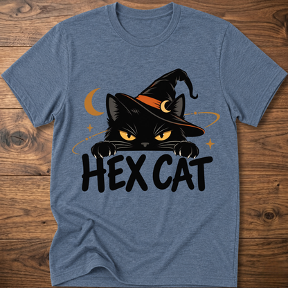 Heather indigo Hex Cat graphic T-shirt with cat face, crescent, and black “HEX CAT” text