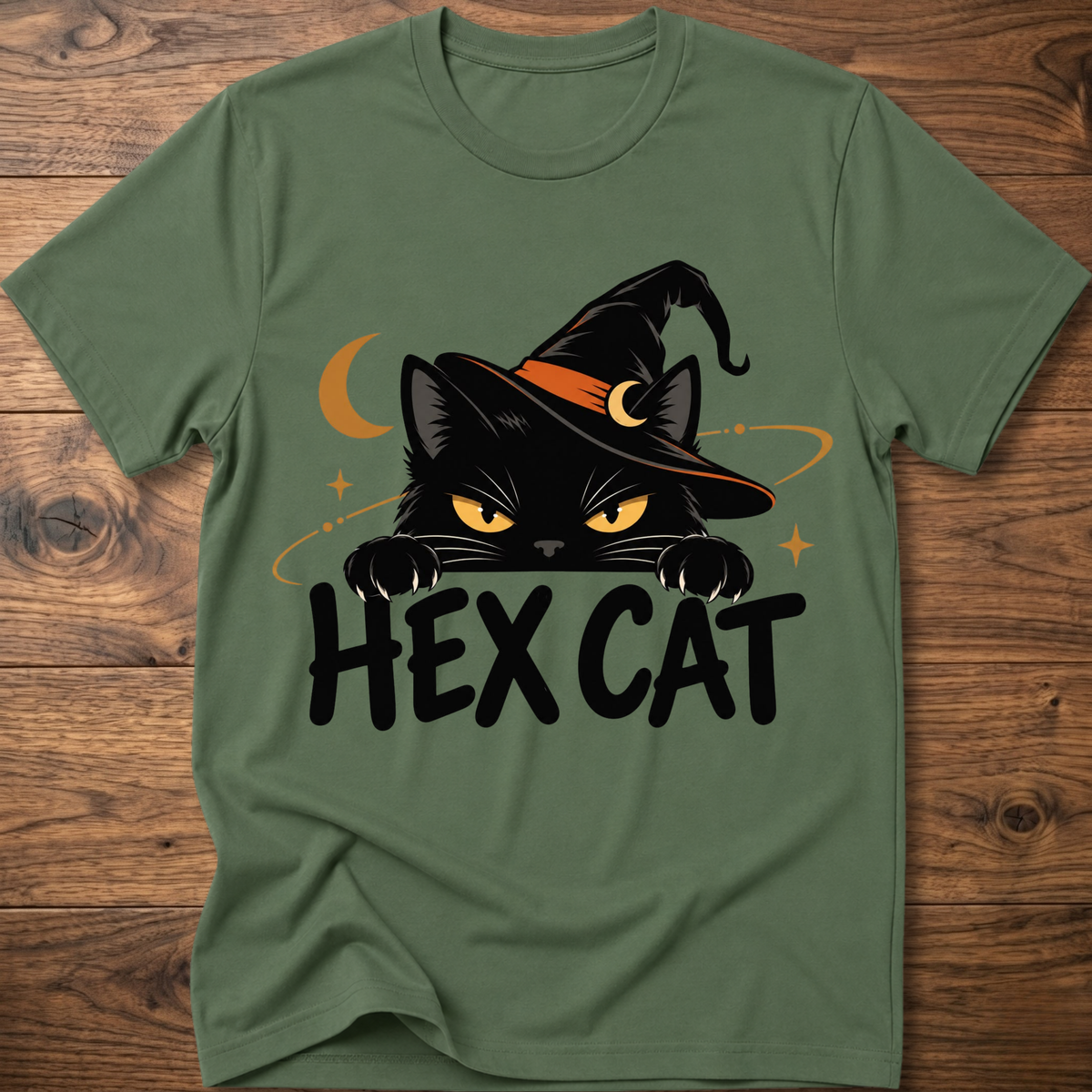 Military green Hex Cat graphic T-shirt with cat face, crescent, and “HEX CAT” print