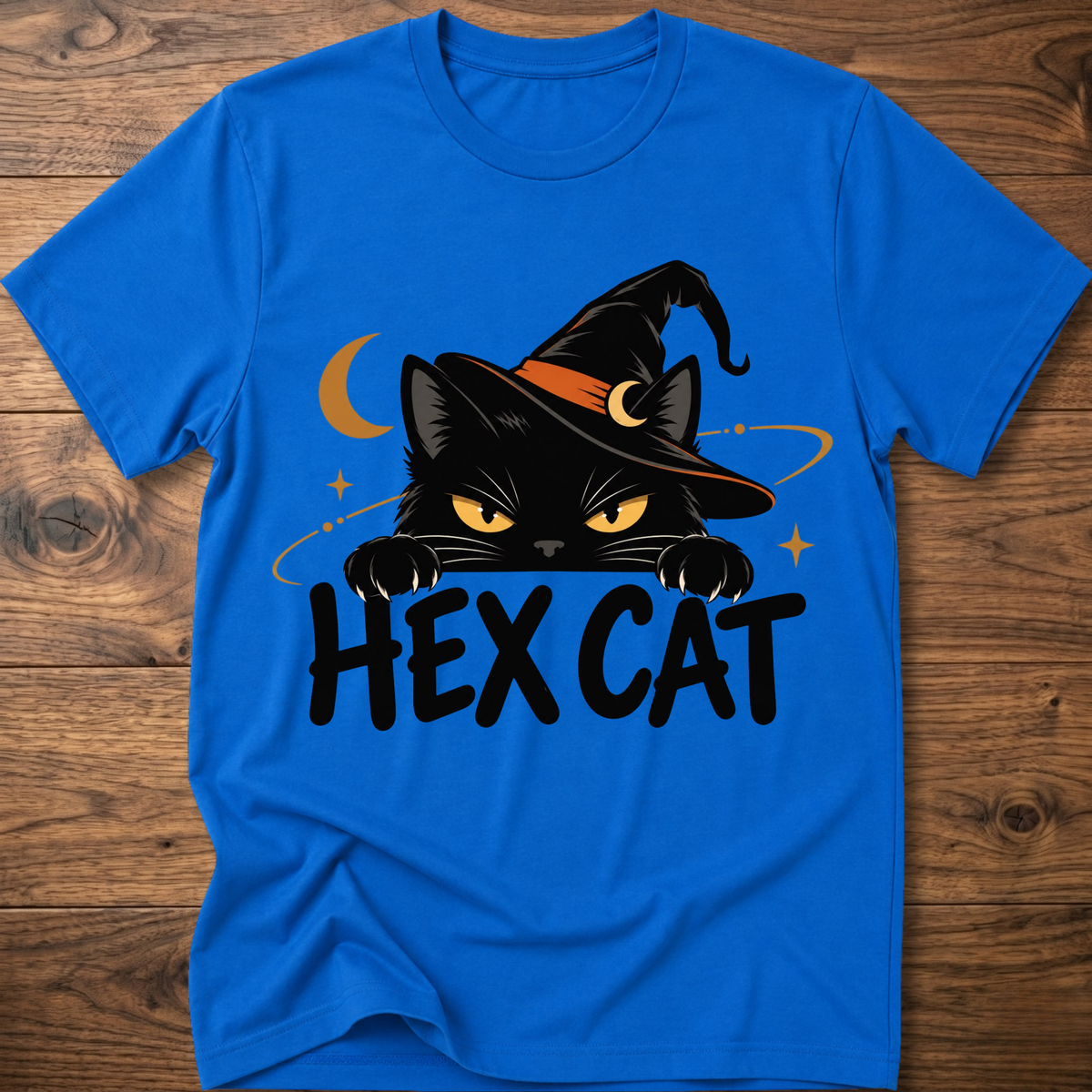 Royal blue Hex Cat graphic T-shirt with cat face, crescent, and bold “HEX CAT” text