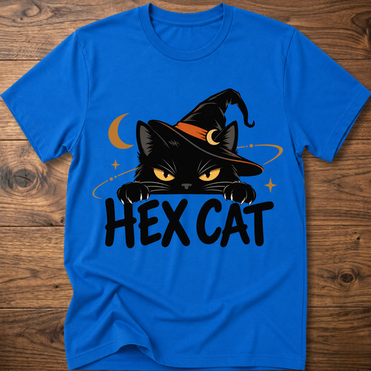 Royal blue Hex Cat graphic T-shirt with cat face, crescent, and bold “HEX CAT” text