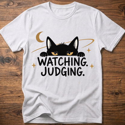 White crewneck T-shirt with black cat graphic and 'WATCHING JUDGING' text