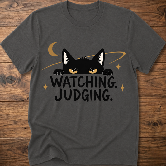 Charcoal crewneck T-shirt with black cat graphic and 'WATCHING JUDGING' text