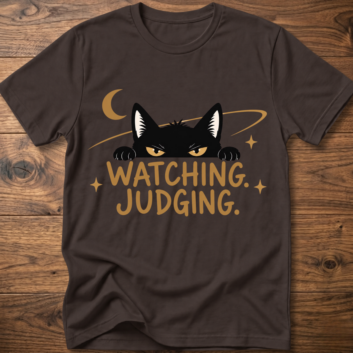 Dark chocolate crewneck T-shirt with black cat graphic and 'WATCHING JUDGING' text
