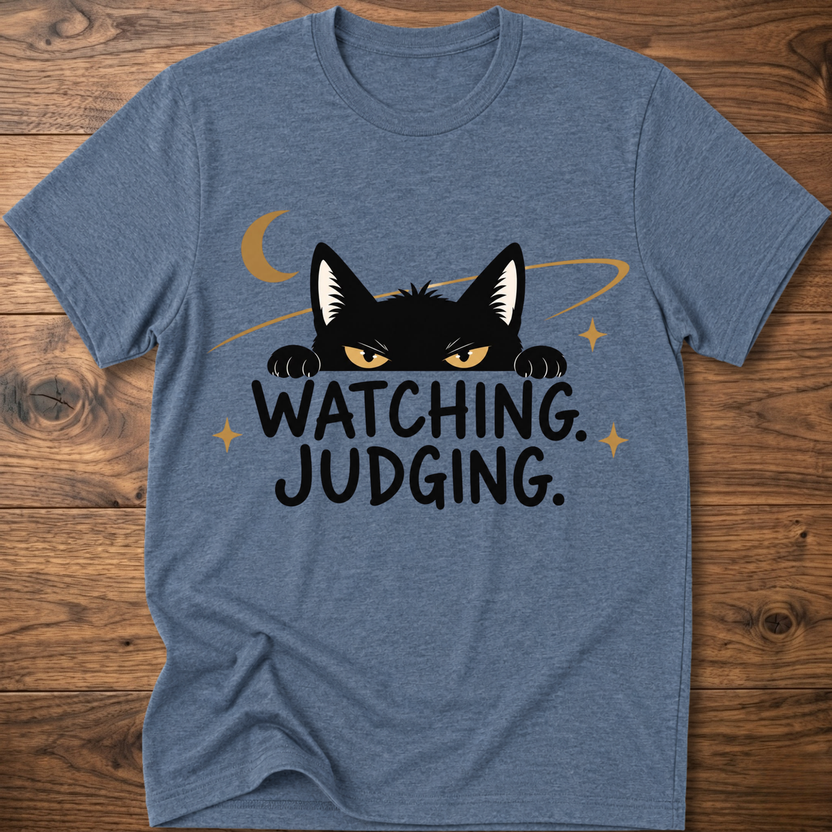 Heather indigo crewneck T-shirt with black cat graphic and 'WATCHING JUDGING' text