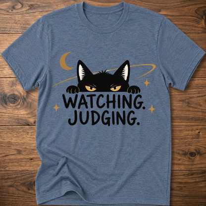 Heather indigo crewneck T-shirt with black cat graphic and 'WATCHING JUDGING' text
