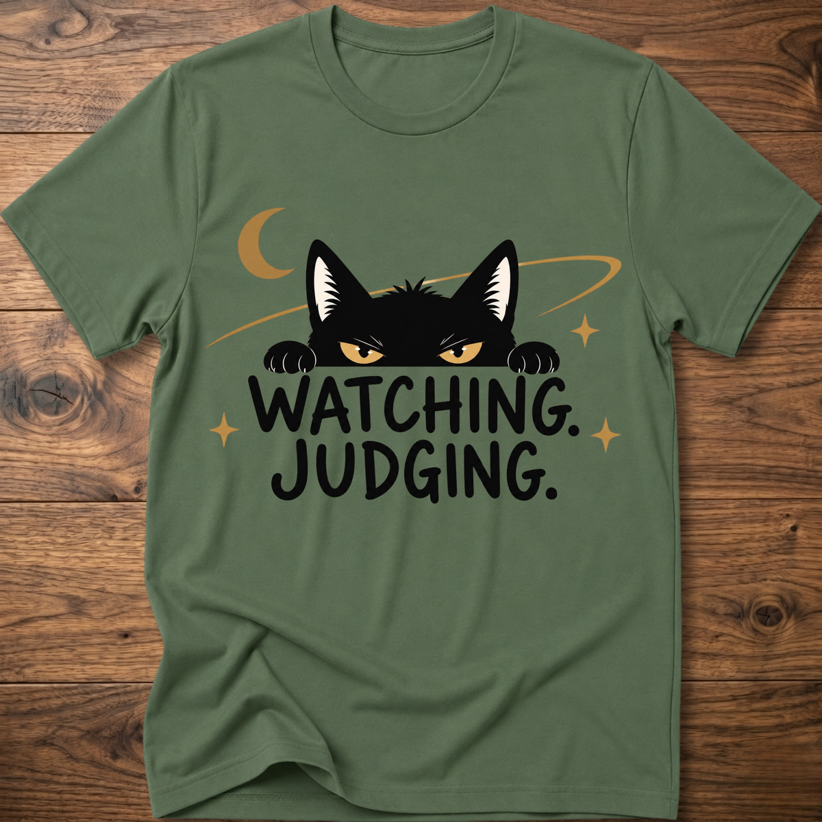Military green crewneck T-shirt with black cat graphic and 'WATCHING JUDGING' text
