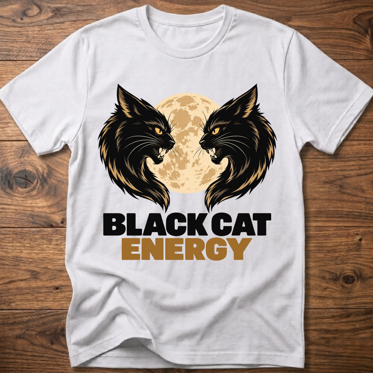 White cat energy T-shirt with twin black cats and full moon logo