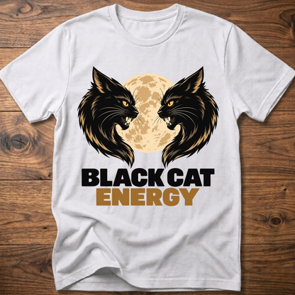 White cat energy T-shirt with twin black cats and full moon logo