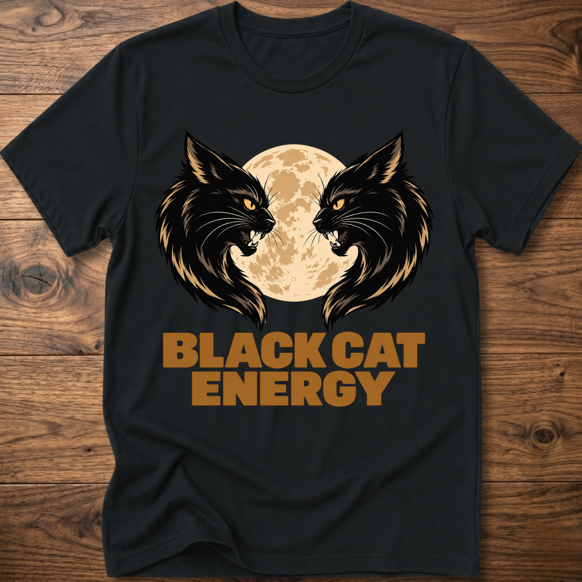 Black cat energy T-shirt with twin black cats and full moon logo text
