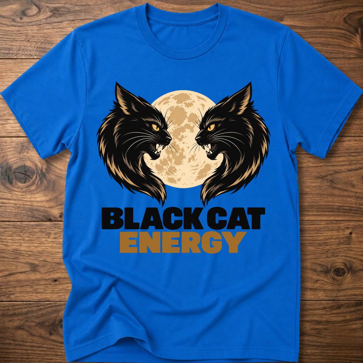 Royal blue cat energy T-shirt with twin black cats and full moon graphic