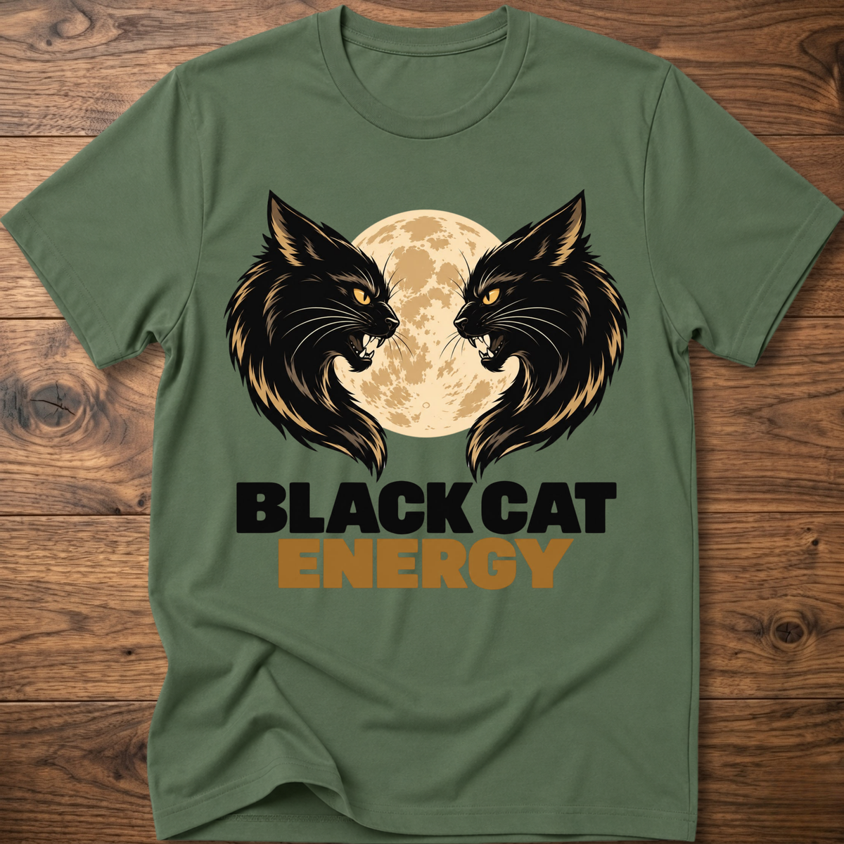 Military green cat energy T-shirt with twin black cats and full moon graphic