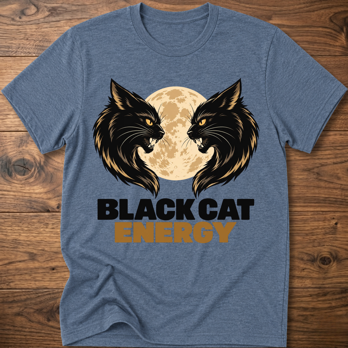 Heather indigo cat energy T-shirt with twin black cats, full moon, and logo