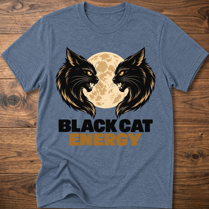 Heather indigo cat energy T-shirt with twin black cats, full moon, and logo