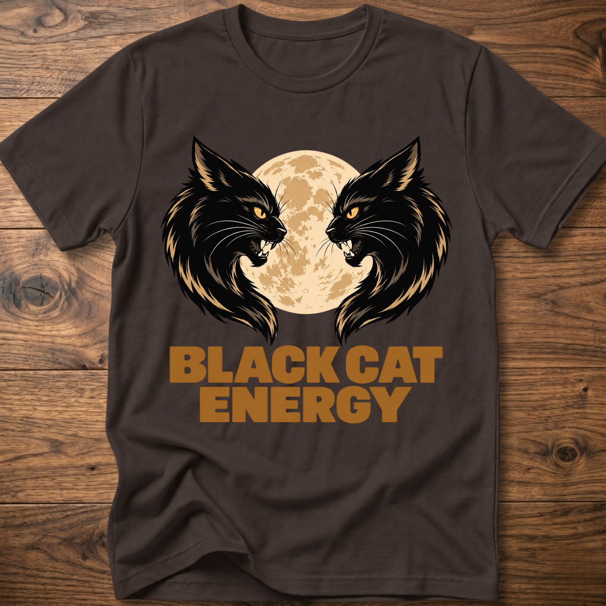 Dark chocolate cat energy T-shirt with twin black cats and full moon graphic