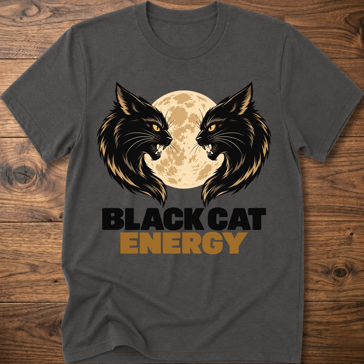 Charcoal cat energy T-shirt with twin black cats, full moon, and logo text