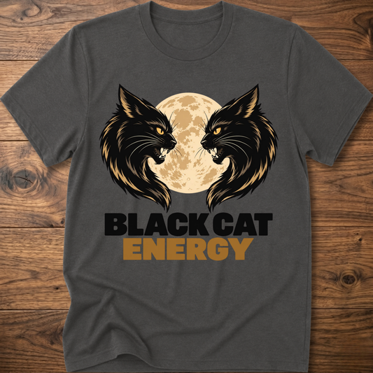 Charcoal cat energy T-shirt with twin black cats, full moon, and logo text