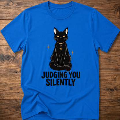 Royal blue t-shirt with black cat graphic and text “JUDGING YOU SILENTLY”