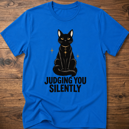 Royal blue t-shirt with black cat graphic and text “JUDGING YOU SILENTLY”