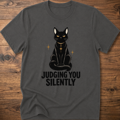 Charcoal gray t-shirt with black cat graphic and text “JUDGING YOU SILENTLY”