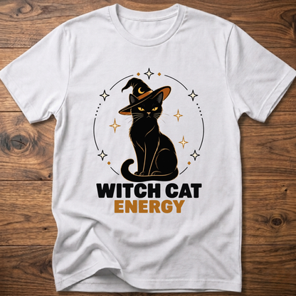 White witch cat energy t-shirt with black cat in witch hat graphic