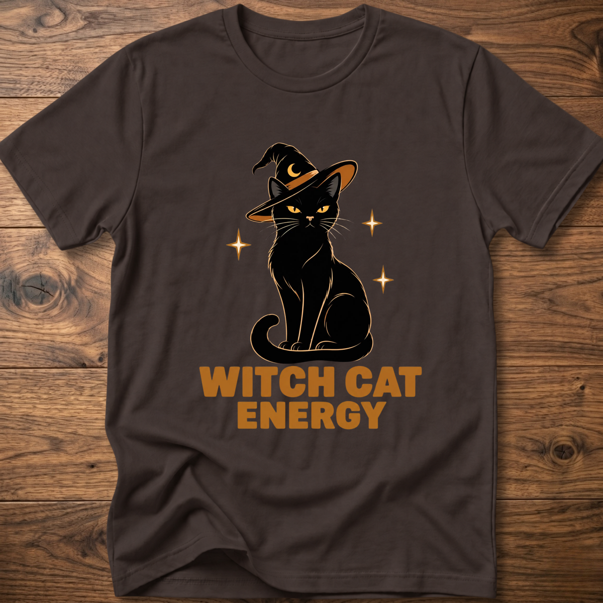 Dark chocolate witch cat energy t-shirt with black cat in witch hat graphic