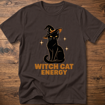 Dark chocolate witch cat energy t-shirt with black cat in witch hat graphic