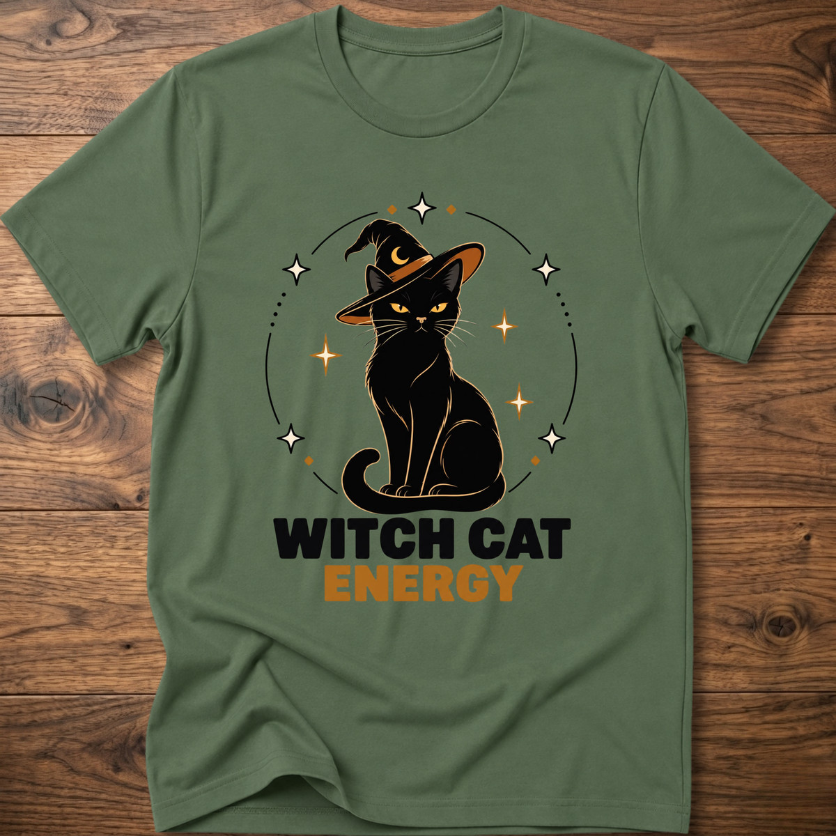 Military green witch cat energy t-shirt with black cat in witch hat graphic
