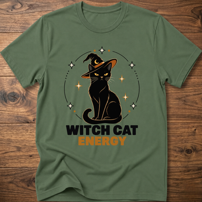 Military green witch cat energy t-shirt with black cat in witch hat graphic