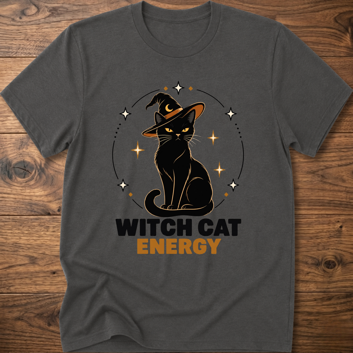 Charcoal gray witch cat energy t-shirt with black cat in witch hat graphic