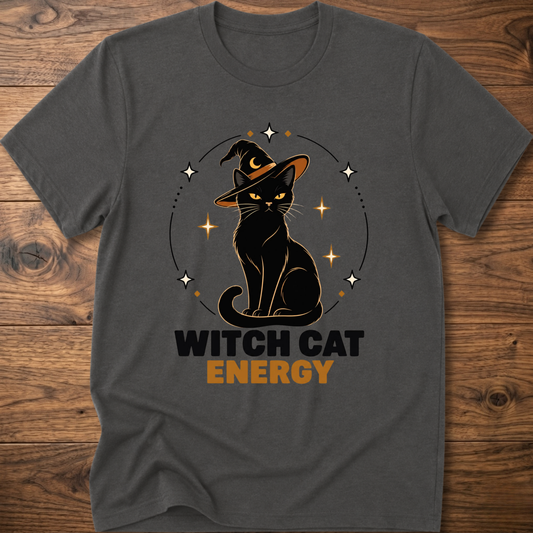 Charcoal gray witch cat energy t-shirt with black cat in witch hat graphic