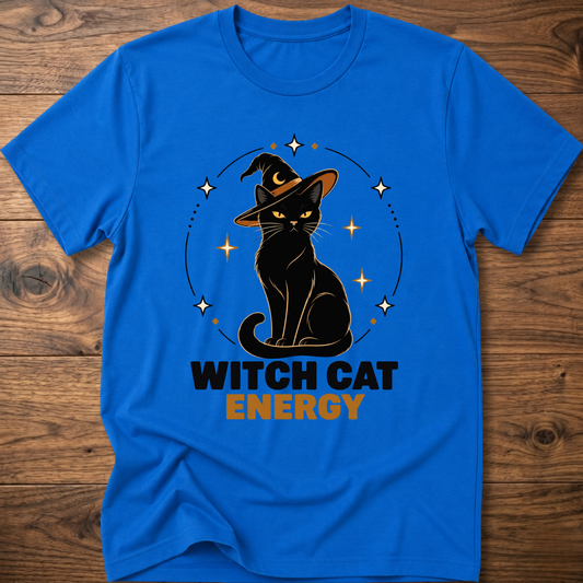 Royal blue witch cat energy t-shirt with black cat in witch hat graphic