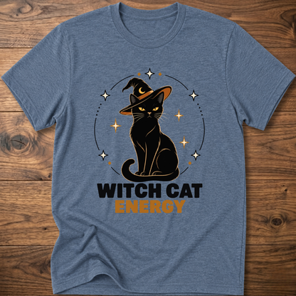 Heather indigo witch cat energy t-shirt with black cat in witch hat graphic