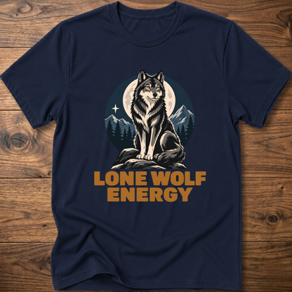 Navy t-shirt with standing wolf graphic and 'Lone Wolf Energy' print