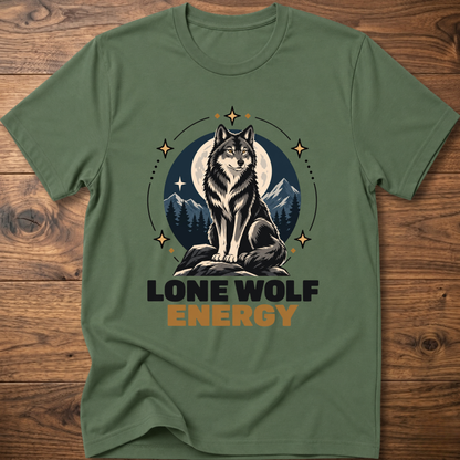 Military green t-shirt with standing wolf graphic and 'Lone Wolf Energy' print