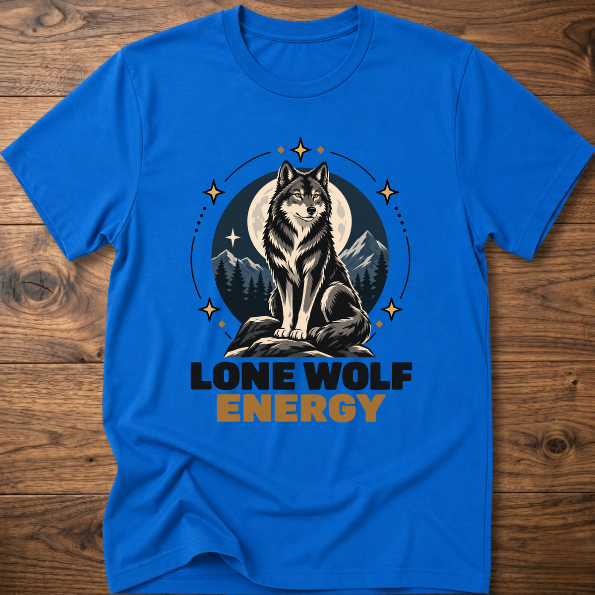 Royal blue t-shirt with standing wolf graphic and 'Lone Wolf Energy' text