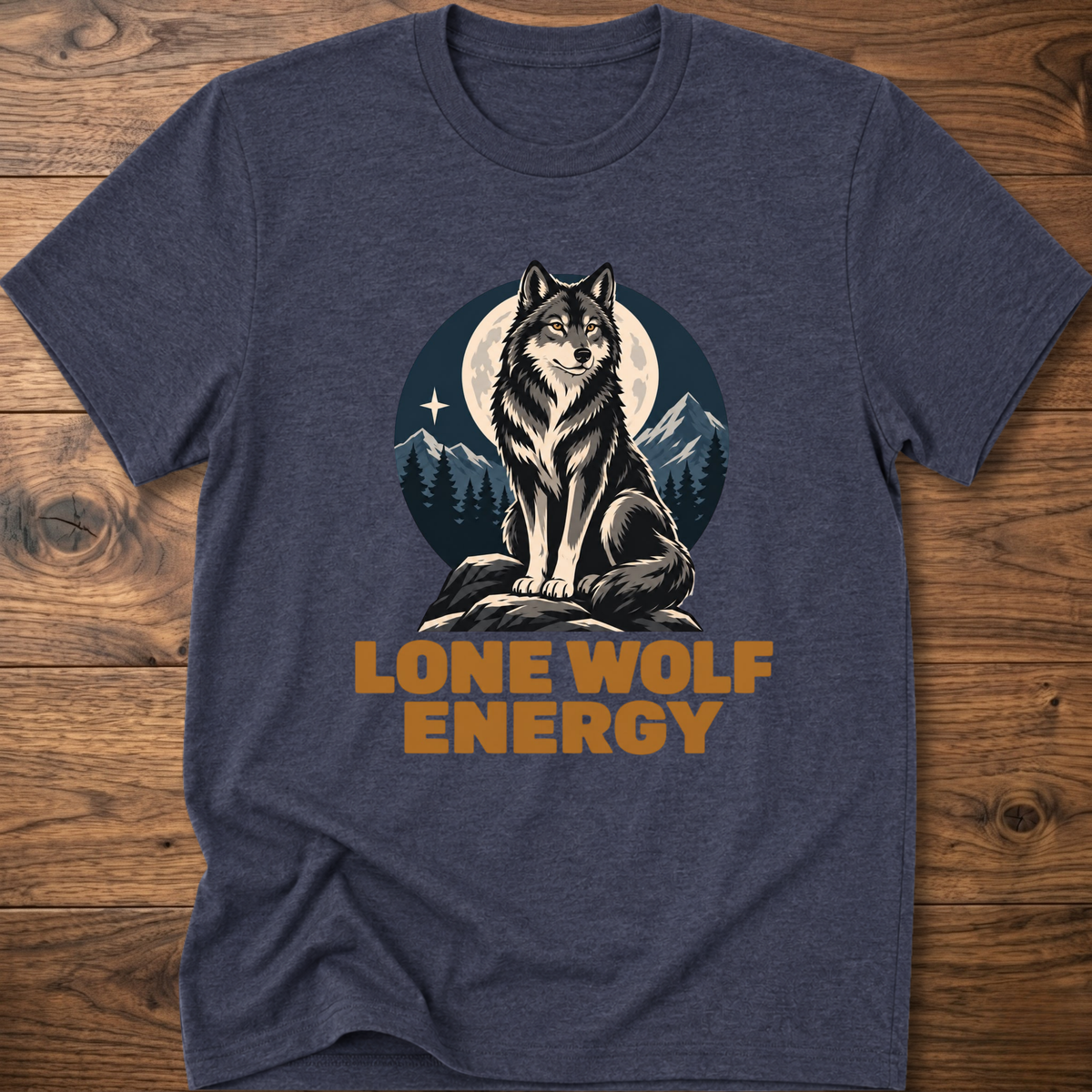 Dark heather t-shirt with standing wolf graphic and 'Lone Wolf Energy' print