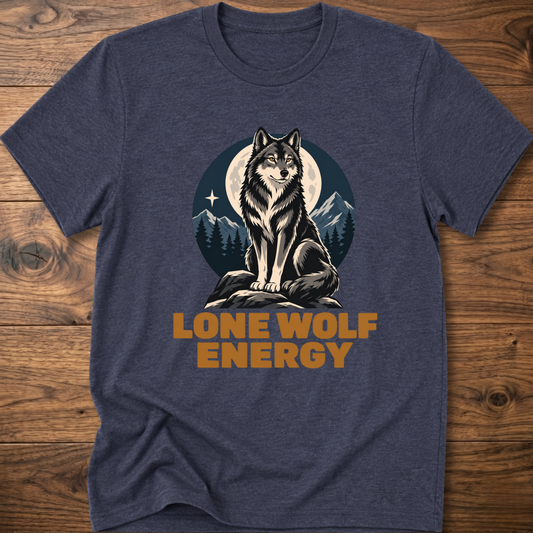 Dark heather t-shirt with standing wolf graphic and 'Lone Wolf Energy' print