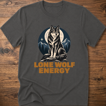 Charcoal t-shirt with standing wolf graphic and 'Lone Wolf Energy' print