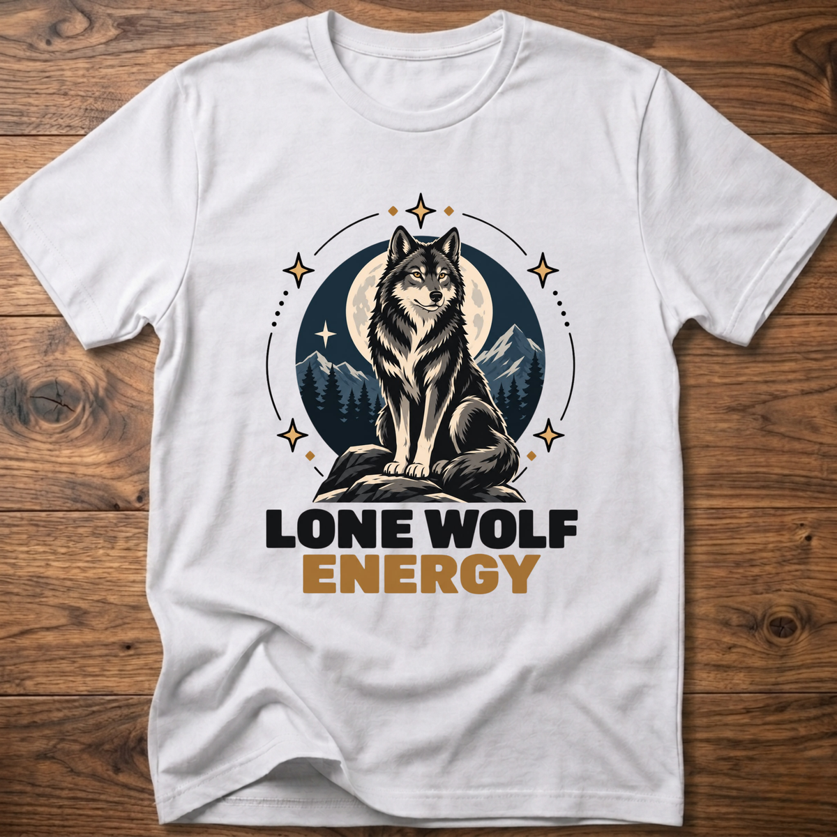 White t-shirt with standing wolf graphic and 'Lone Wolf Energy' print